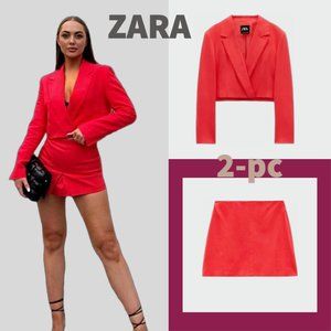 NEW 2-PC ZARA CROPPED BLAZER + SKIRT | NWT RED Linen blend XS, M